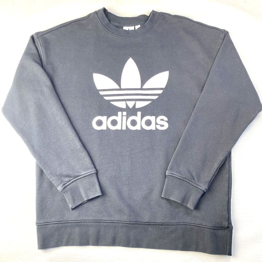 ADIDAS Black Pullover BIG TREFOIL LOGO Crewneck Sweatshirt! Retro Gym Sz M